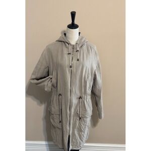 J JILL Reversible Jacket Sz M Raincoat ShimmerGreen Beige Linen Hood Long Pocket